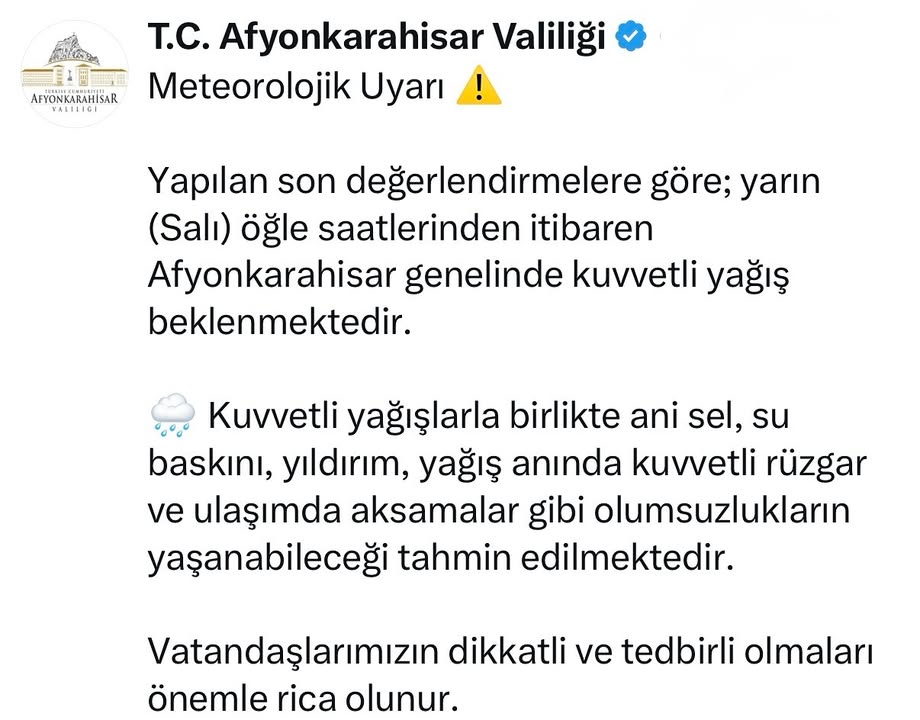 Afyonkarahisar'da Kuvvetli Yağış Uyarısı