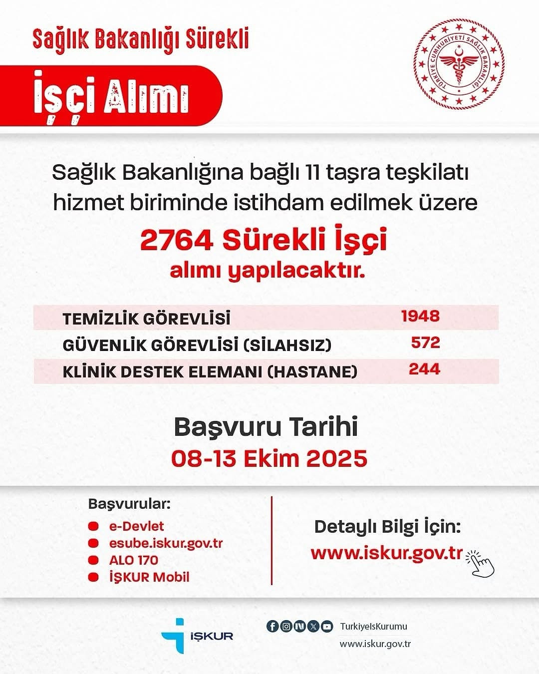 Sağlık Bakanlığı 2764 Sürekli İşçi Alım İlanı Başvuruları Başladı