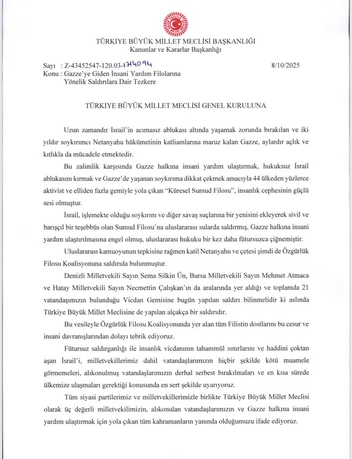 TBMM'den Gazze'ye Yapılan İnsani Yardımları Destekleyen Karar Kabul Edildi