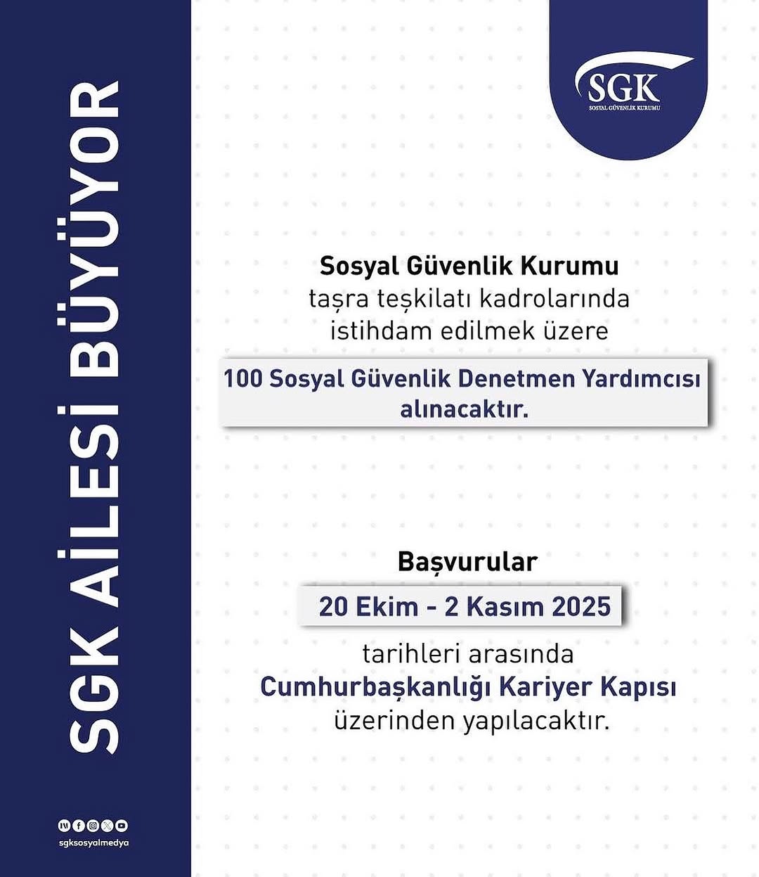 Afyonkarahisar SGK İl Müdürlüğü'nden İstihdam İlanı: Sosyal Güvenlik Denetmen Yardımcısı Alımı