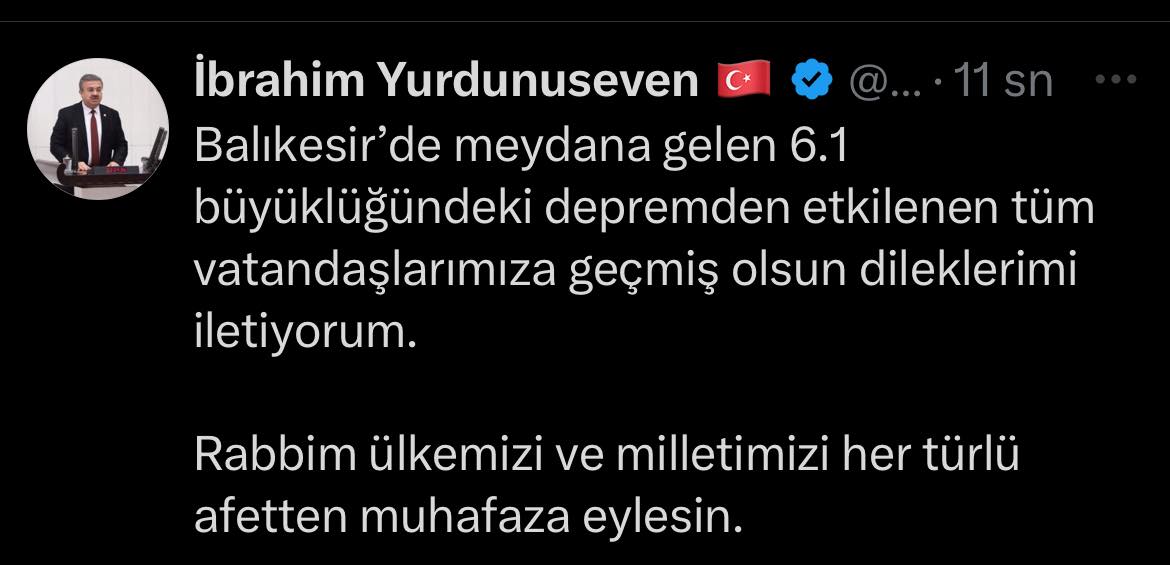 Balıkesir'deki Depremde Etkilenen Vatandaşlarımıza Destek Mesajı