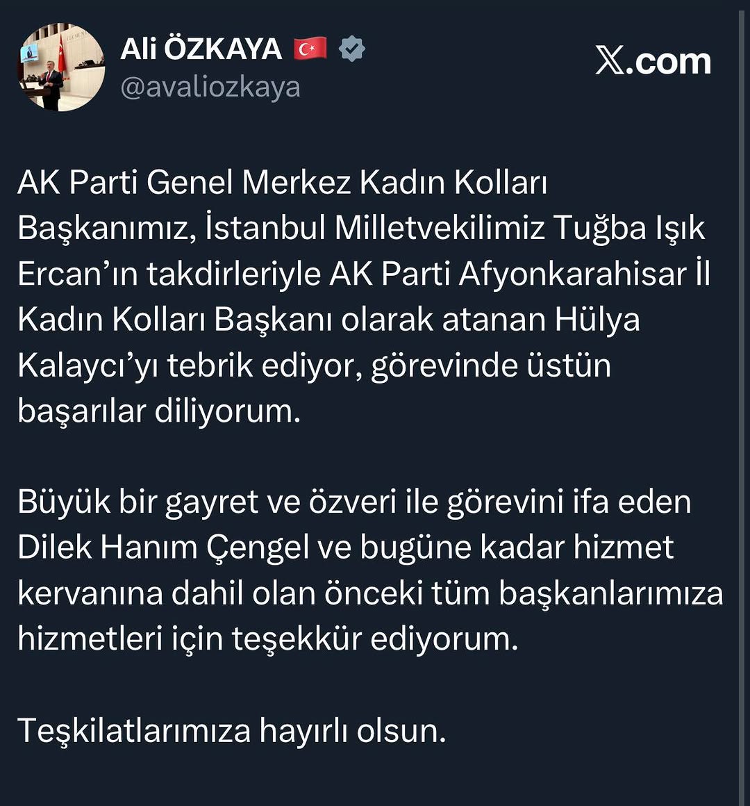AK Parti Afyonkarahisar İl Kadın Kolları Başkanı Hülya Kalaycı'ya Tebrik
