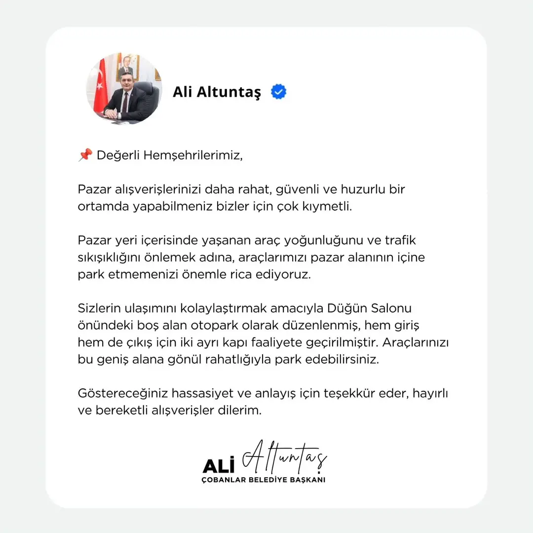 Çobanlar Belediye Başkanı'ndan Pazar Yeri Duyurusu