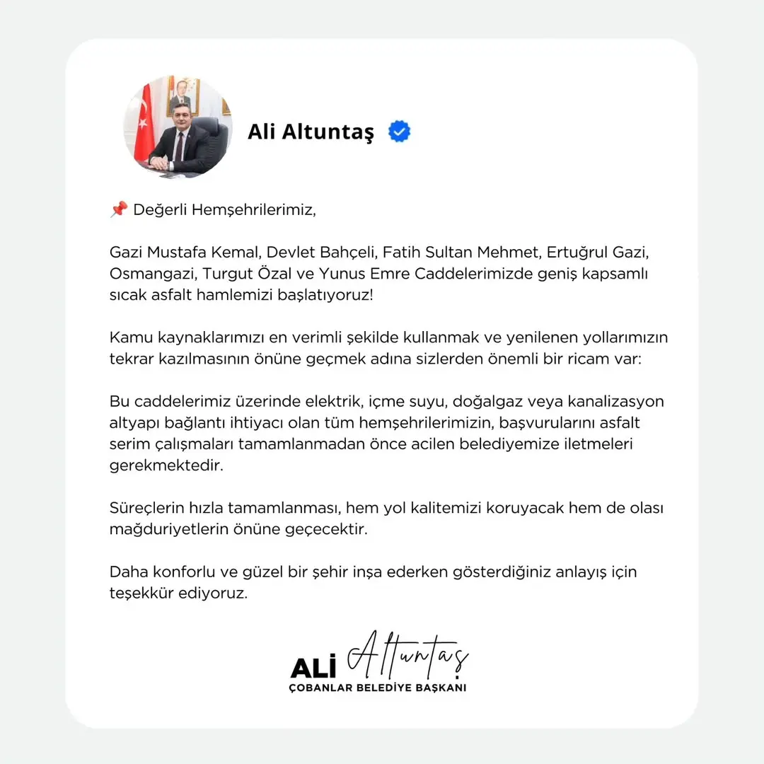 Çobanlar Belediye Başkanı Ali Altuntaş'tan Değerli Hemşehrilerimize Mesaj