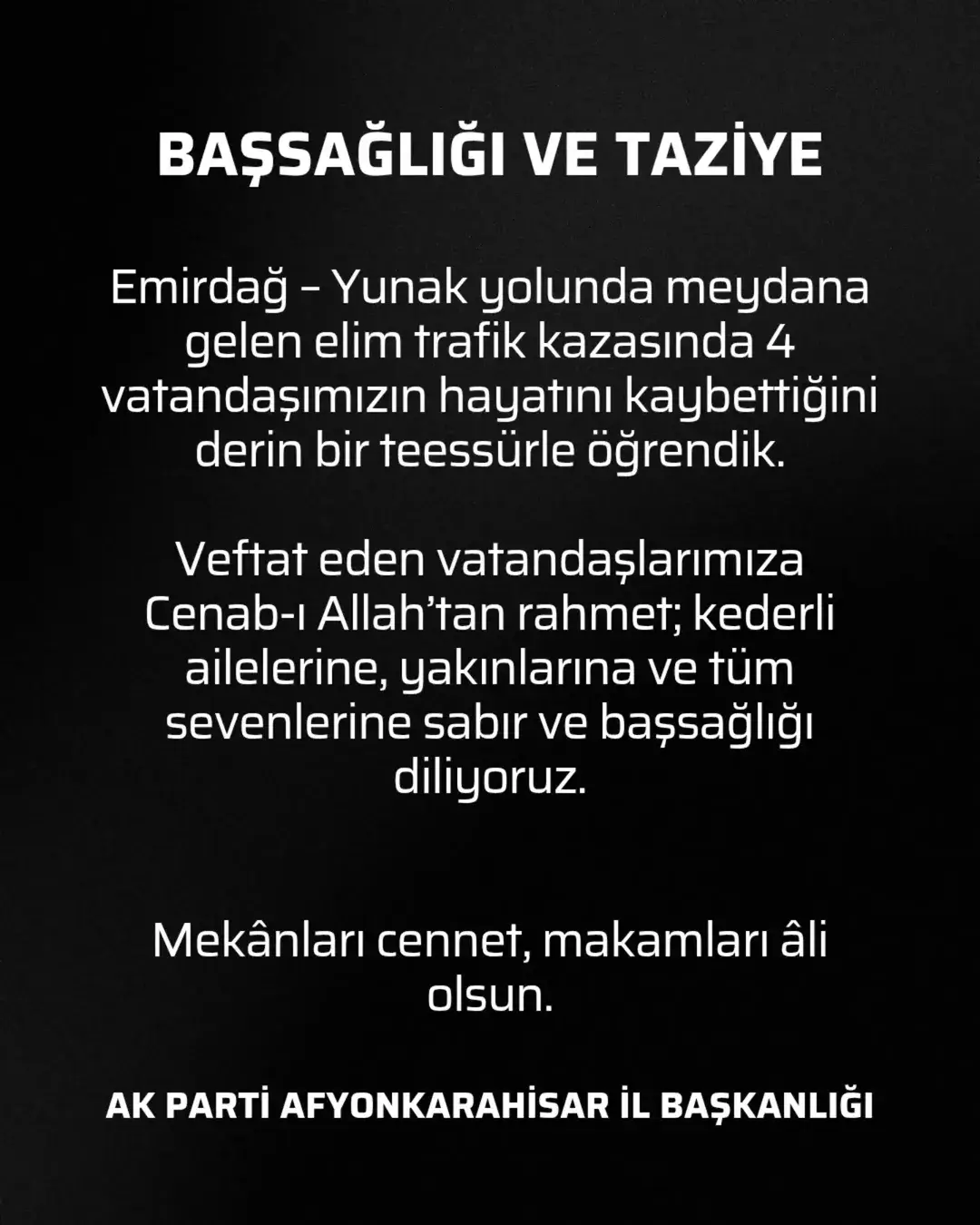 Emirdağ – Yunak Yolunda Meydana Gelen Trafik Kazası Sonucu 4 Vatandaş Hayatını Kaybetti