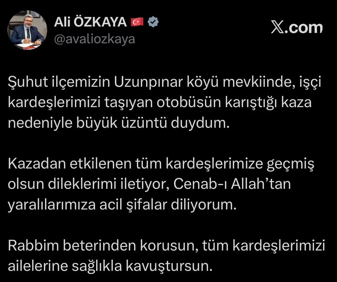 Afyonkarahisar Milletvekili Ali Özkaya'dan Üzücü Kaza Açıklaması