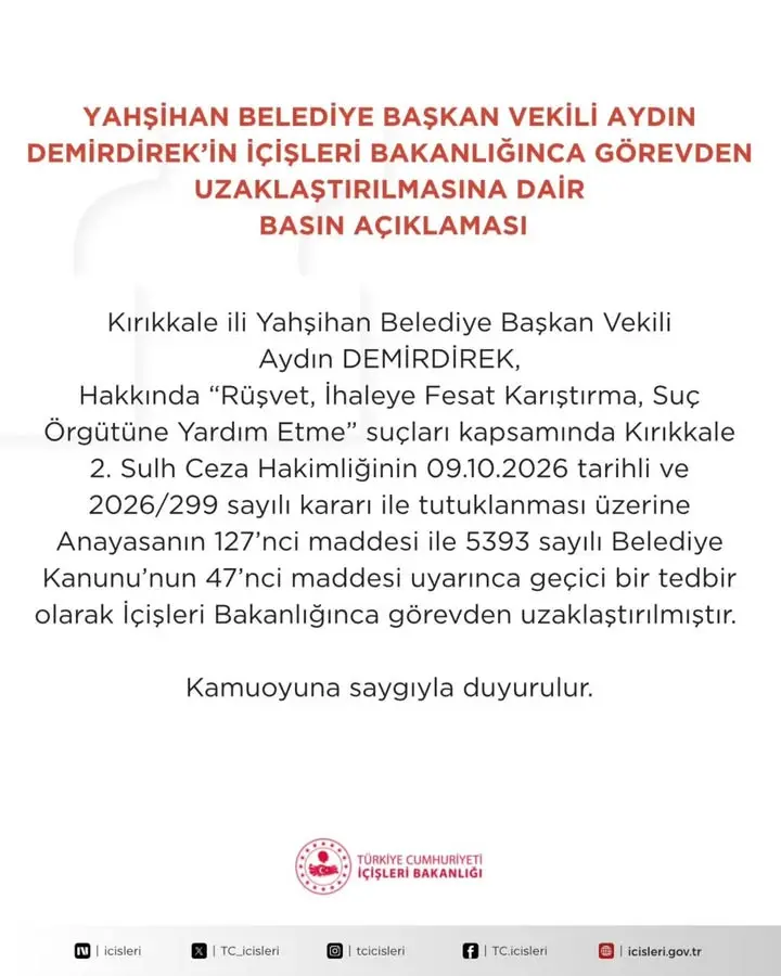 Yahşihan Belediye Başkan Vekili Aydın Demirdirek'in İçişleri Bakanlığınca Görevden Uzaklaştırılmasına İlişkin Açıklama