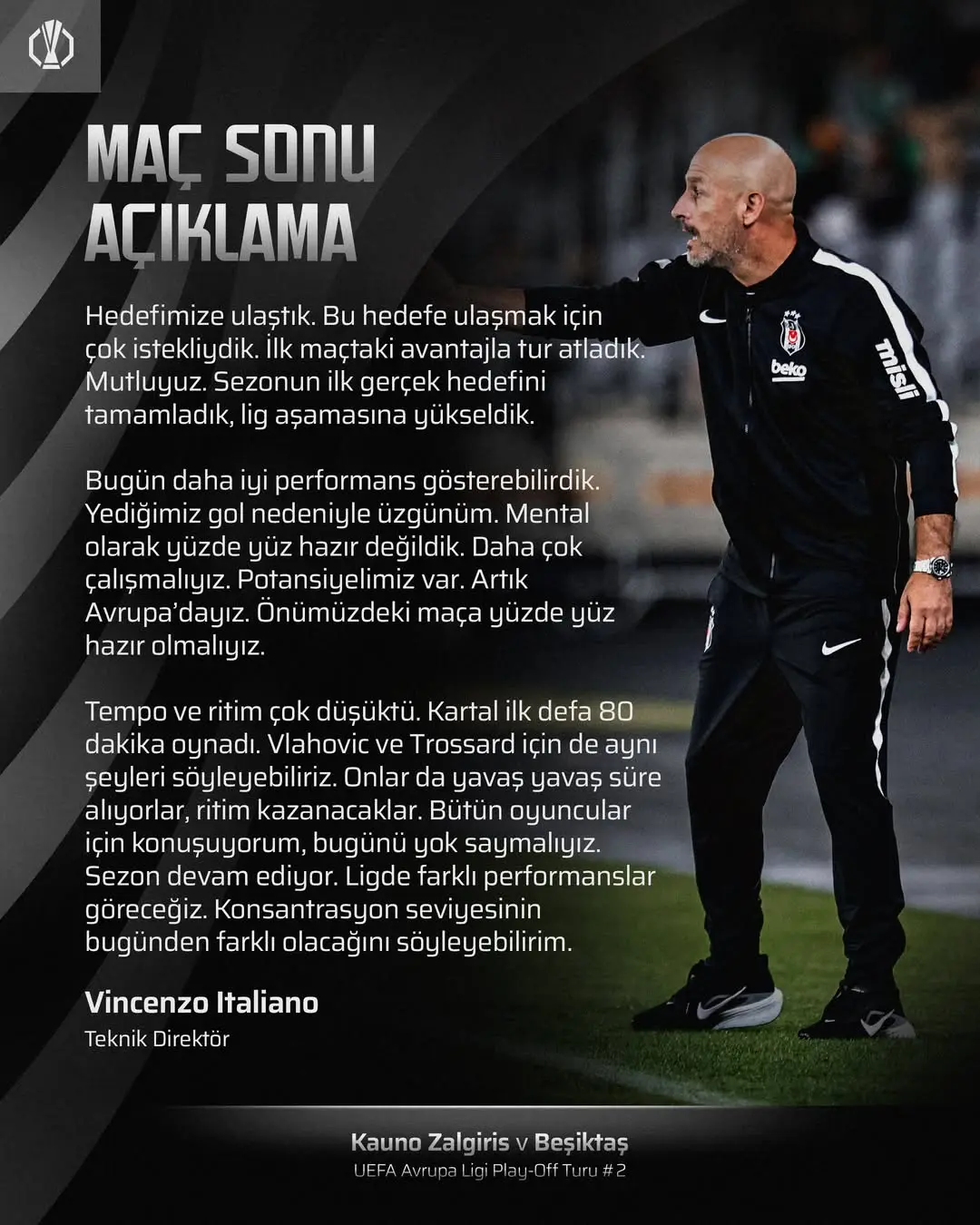Beşiktaş Teknik Direktörü Vincenzo Italiano'dan Maç Sonu Açıklama