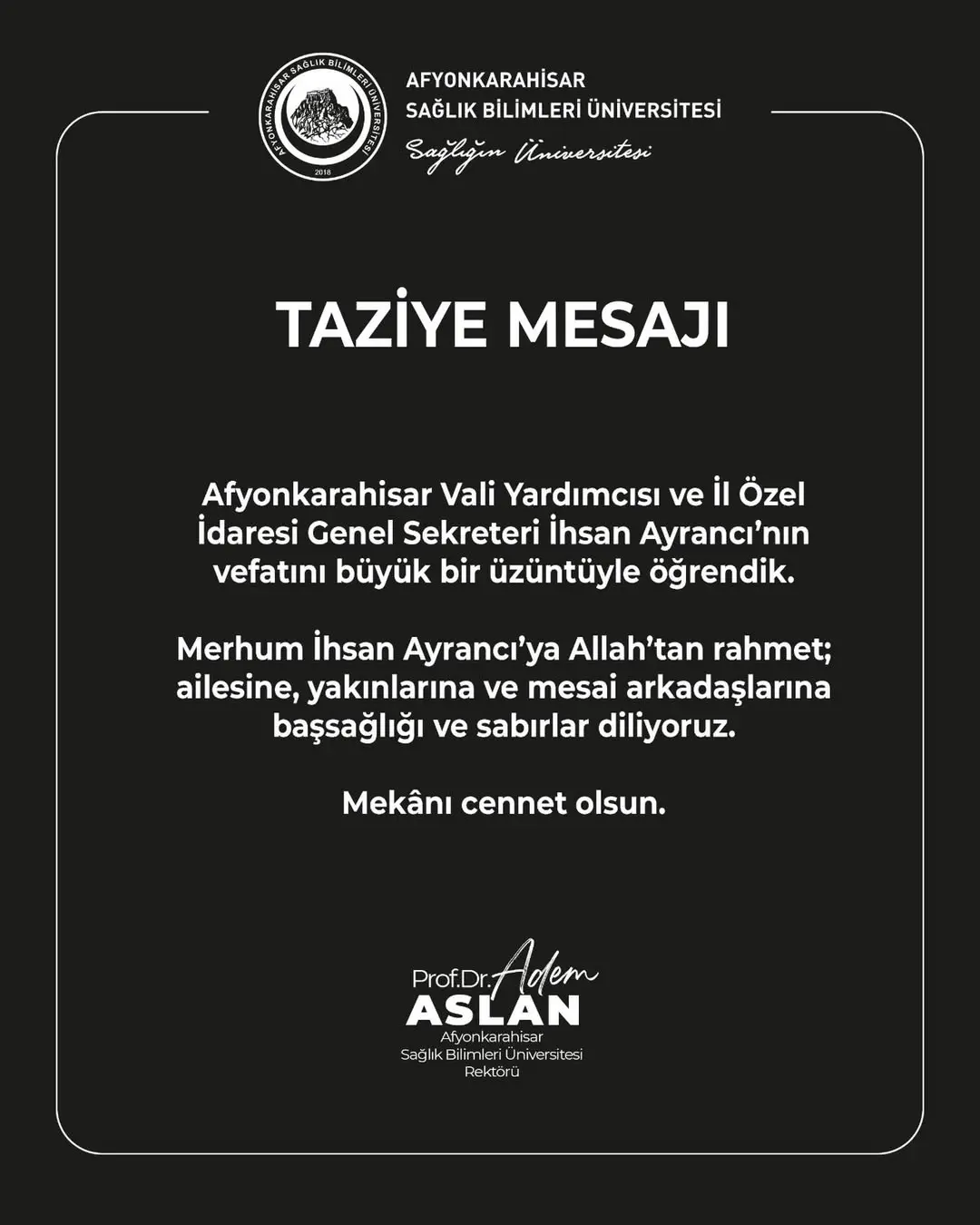 Afyonkarahisar Sağlık Bilimleri Üniversitesi AFSÜ'den Başsağlığı Mesajı