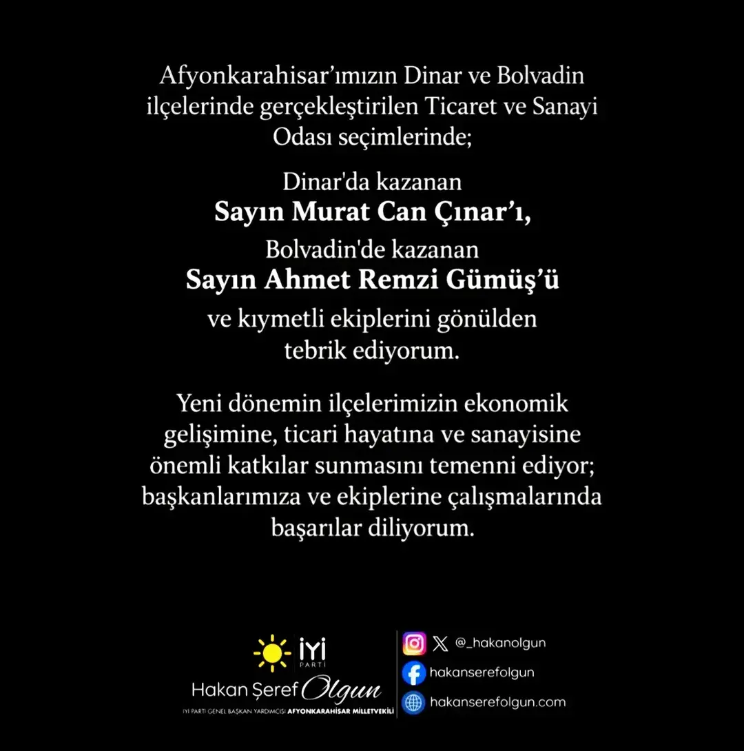 Afyonkarahisar’ımızın Dinar ve Bolvadin ilçelerinde gerçekleştirilen Ticaret ve Sanayi Odası seçimlerinde; ...