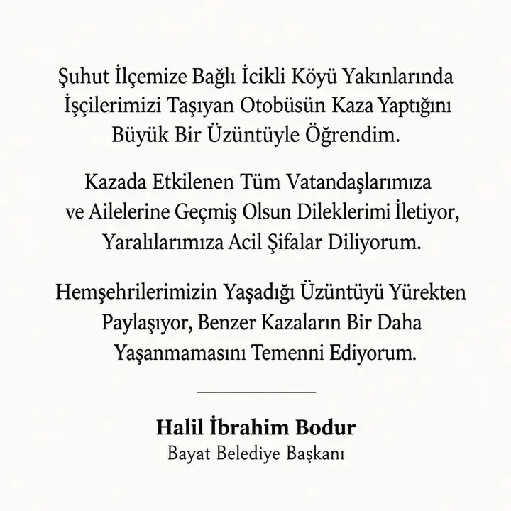 Bayat Belediye Başkanlığı'ndan kaza açıklaması