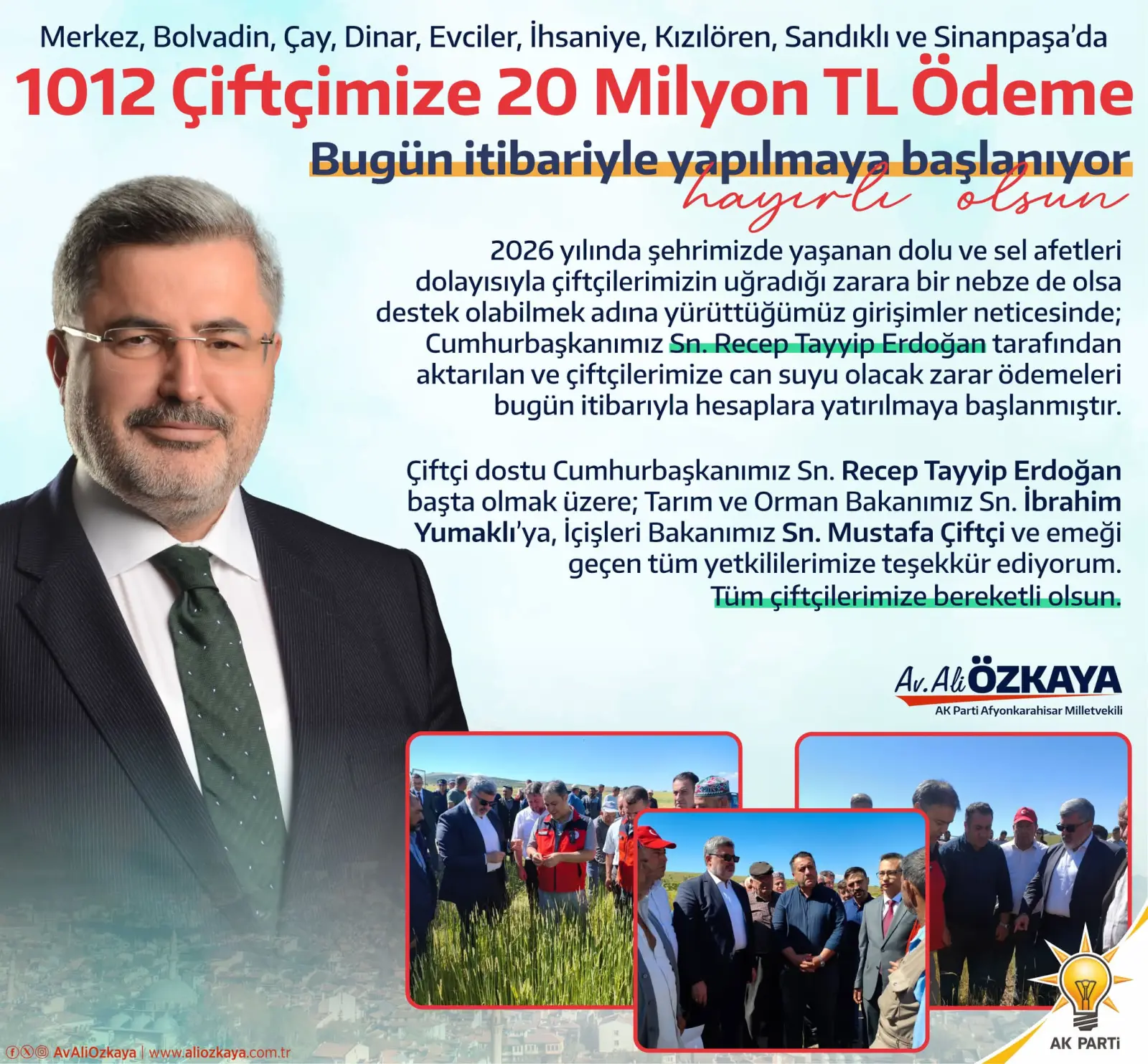 Afyonkarahisar'da Çiftçilere Zarar Ödemesi