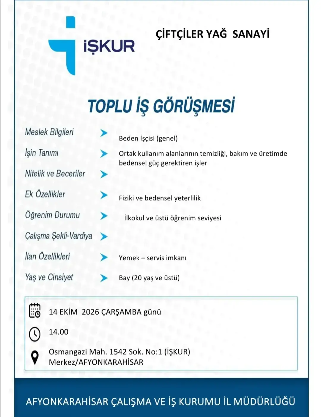 Afyonkarahisar İş Kurumu Toplu İş Arayan Görüşmesi Duyurusu