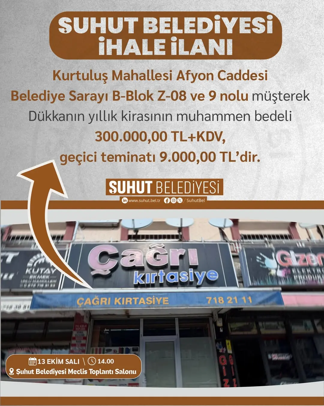 Şuhut Belediyesi'nden Yıllık Kira İhalesi Duyurusu