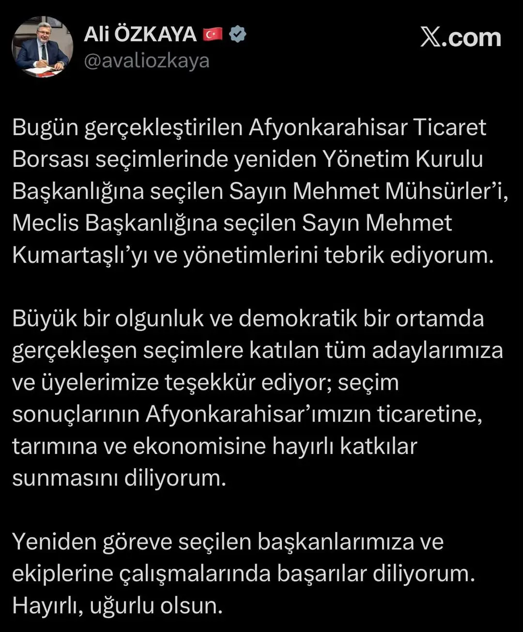 Afyonkarahisar Ticaret Borsası Seçimlerinde Yeniden Başkanlık ve Meclis Başkanlığına Seçilen İsimler