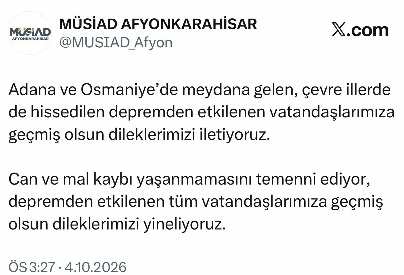 MÜSİAD Afyonkarahisar'dan Deprem Mesajı