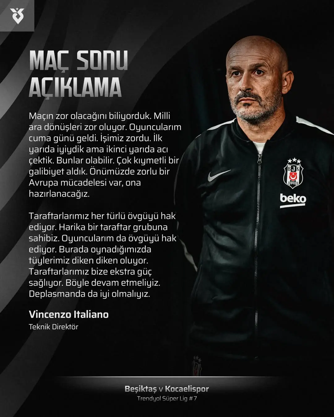 Beşiktaş Teknik Direktörü Vincenzo Italiano'dan Maç Sonu Açıklama