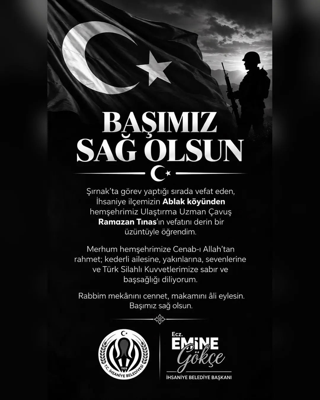 İhsaniye'den Şehit Ulaştırma Uzman Çavuş'a Veda