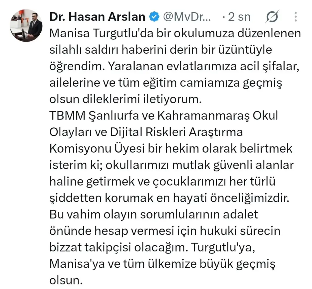 Manisa Turgutlu'da Okula Yapılan Silahlı Saldırıya İlişkin Hasan Arslan'dan Açıklama