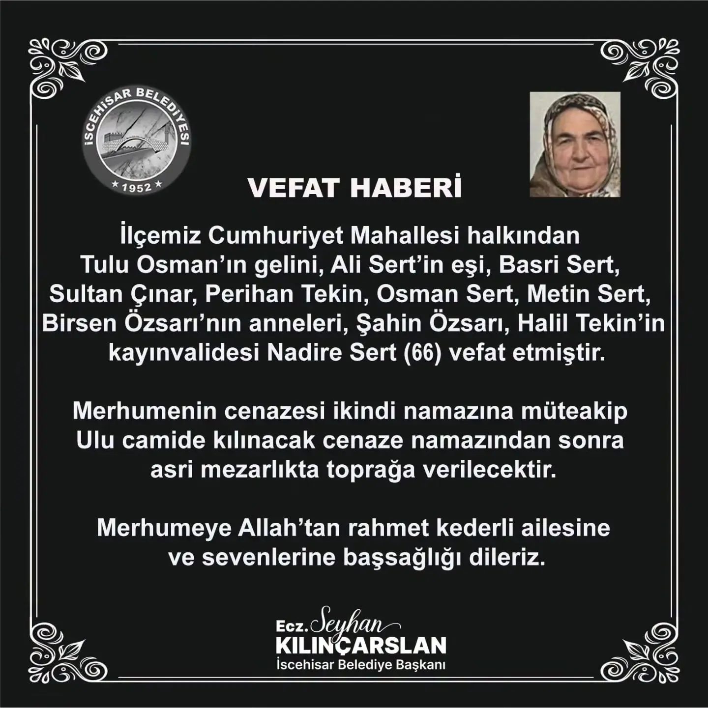 Cumhuriyet Mahallesi'nden bir vefat haberi