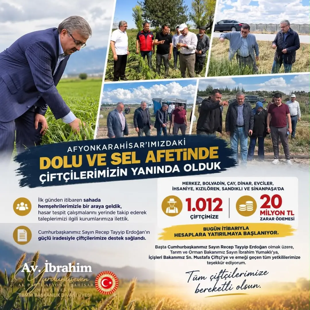 Afyonkarahisar Çiftçilere 20 Milyon TL Zarar Ödemesi Yapıldı