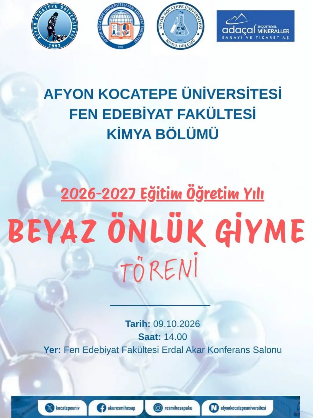 Afyon Kocatepe Üniversitesi Kimya Bölümü Beyaz Önlük Giyme Töreni