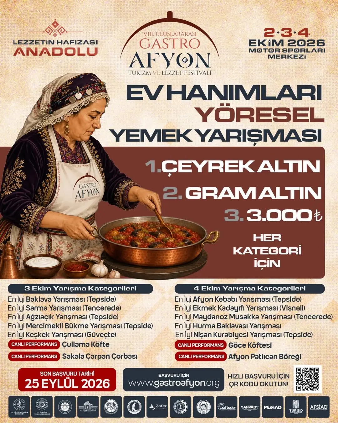 GastroAfyon Turizm ve Lezzet Festivali'nde Ev Hanımları Yöresel Yemek Yarışması Başvuruları Başladı!