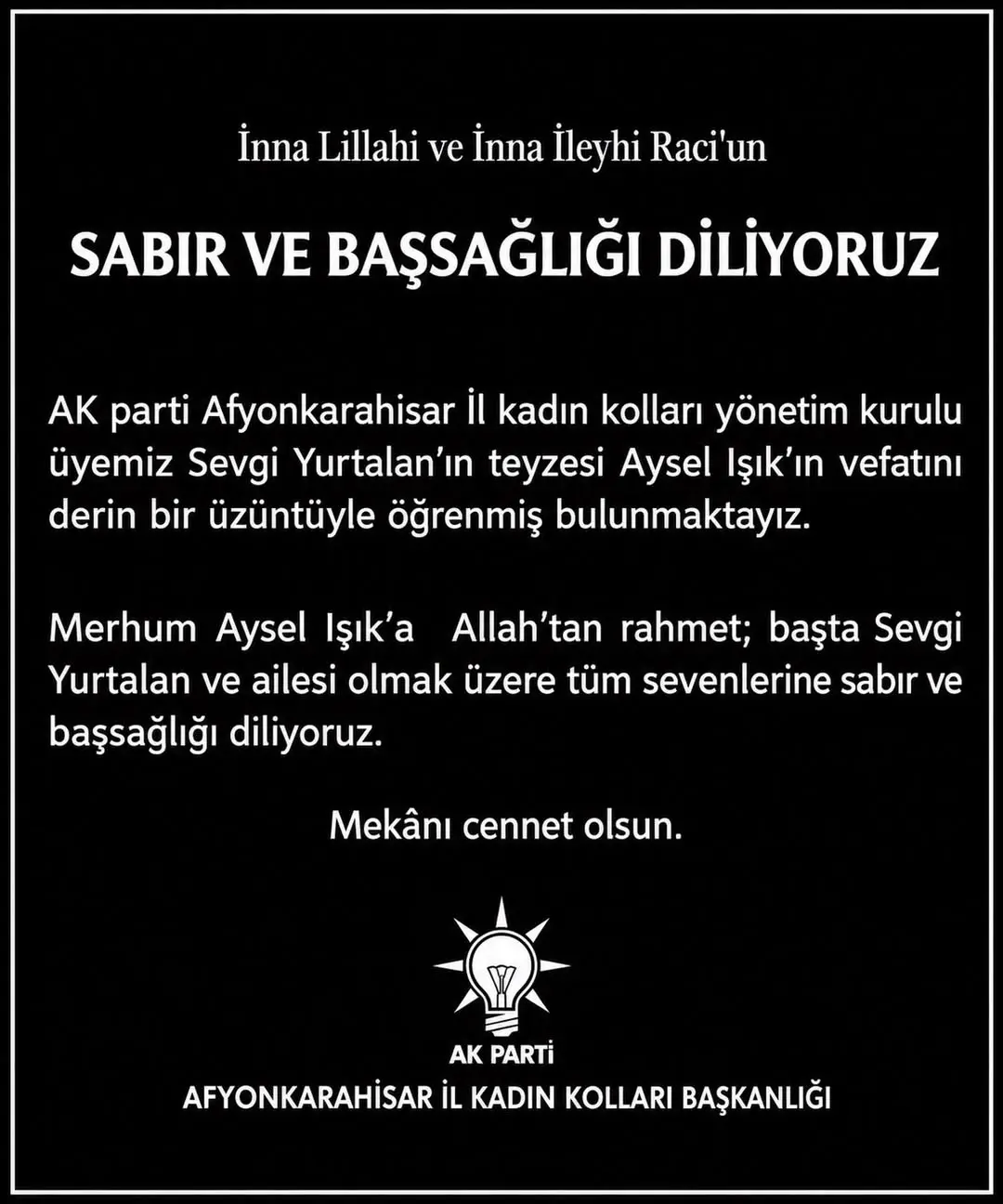 AK Parti Afyonkarahisar İl Kadın Kolları'ndan Başsağlığı Mesajı
