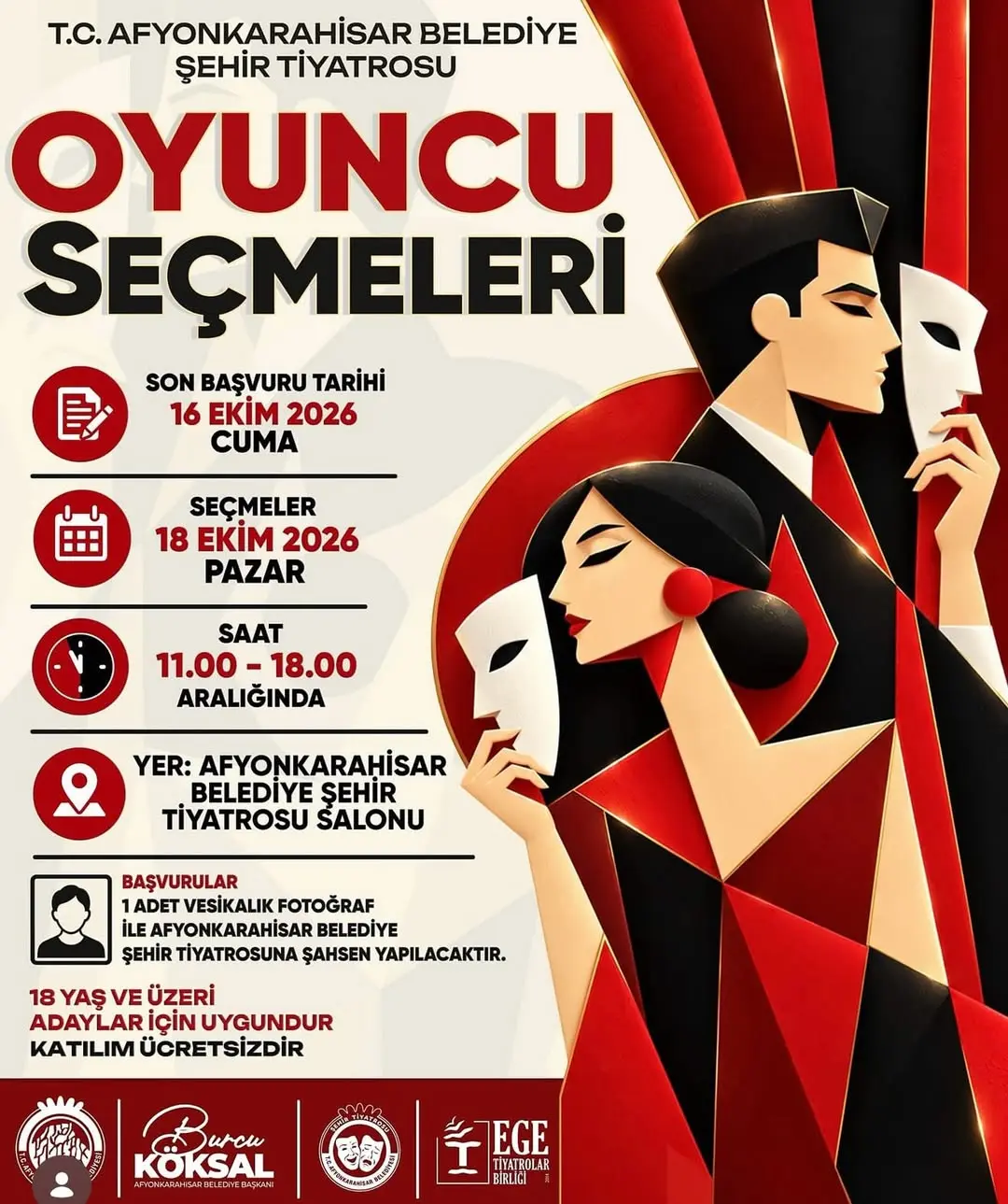 Afyonkarahisar Belediyesi Şehir Tiyatrosu Oyuncu Seçmelerine Bekliyor