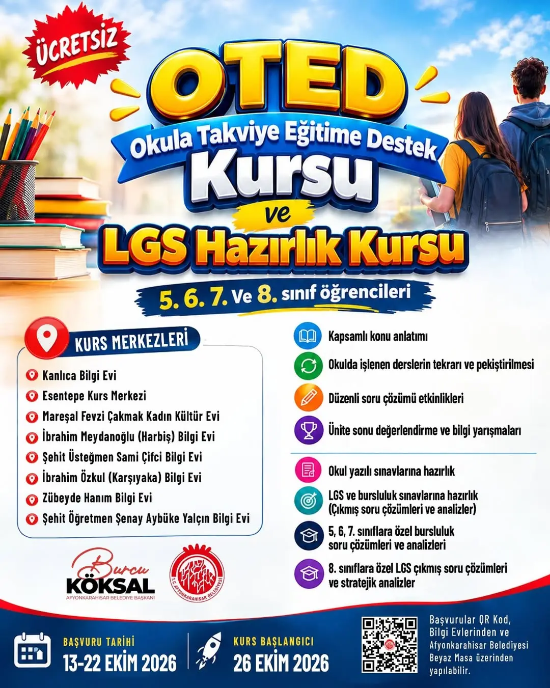 Afyonkarahisar Belediyesi Ücretsiz Okula Takviye ve LGS Hazırlık Kursları Başlatıyor