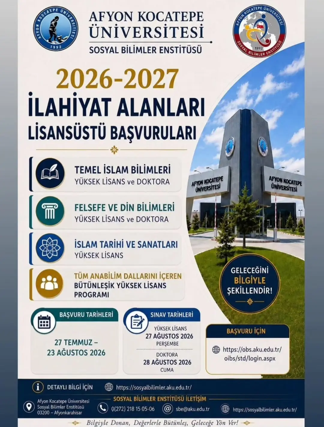 Afyon Kocatepe Üniversitesi Lisansüstü Programlarına 2026-2027 Eğitim-Öğretim Yılı Başvuruları Başlıyor