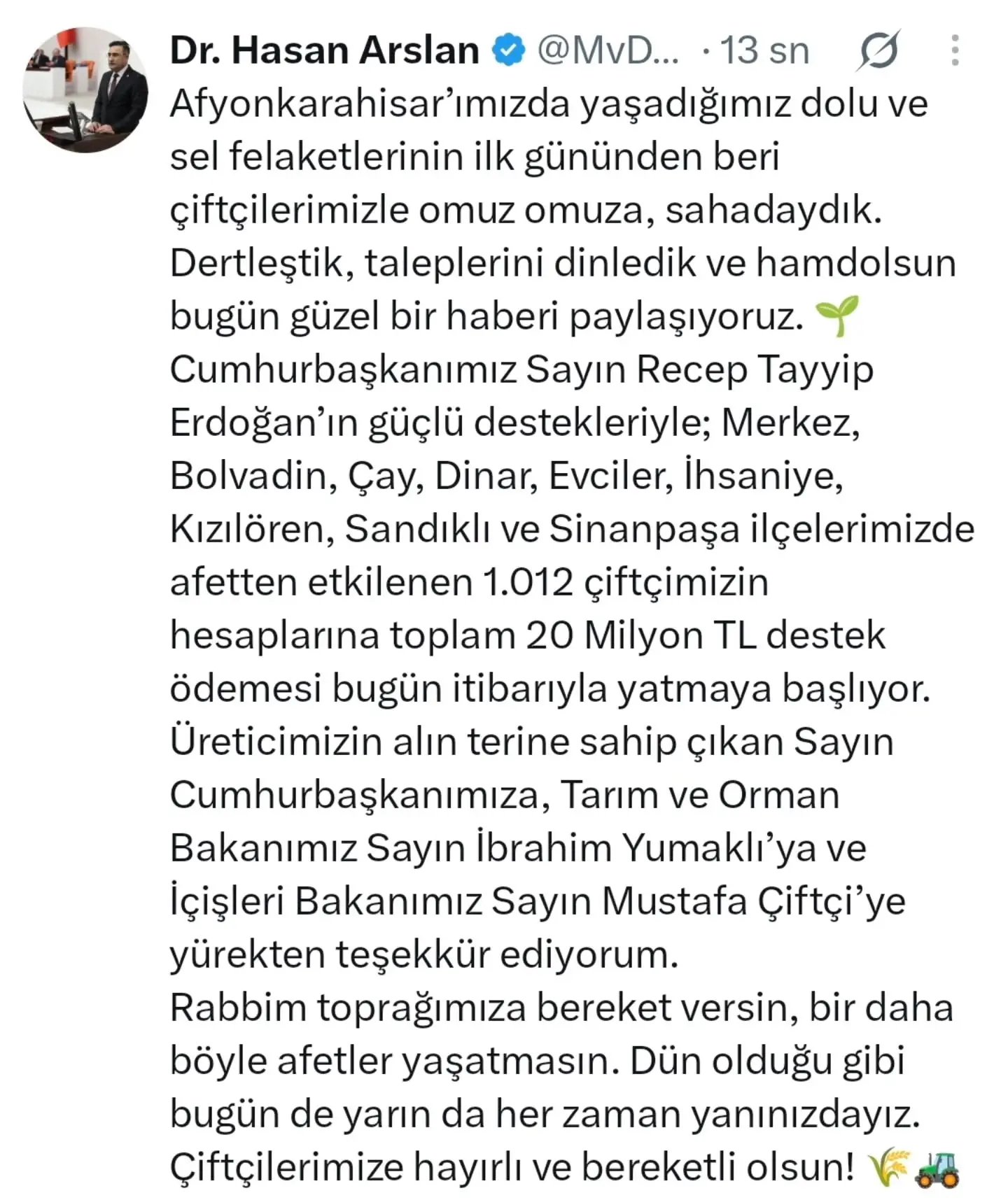 Afyonkarahisar'daki çiftçilere 20 milyon TL destek