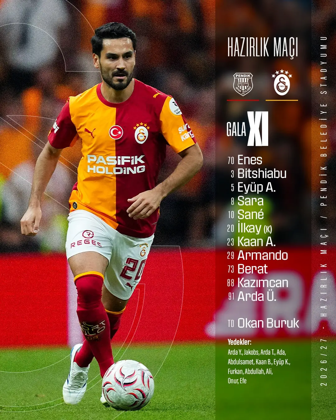 Galatasaray'ın O. Y. Pendikspor Karşısında İlk 11'i ve Yedekleri Belli Oldu
