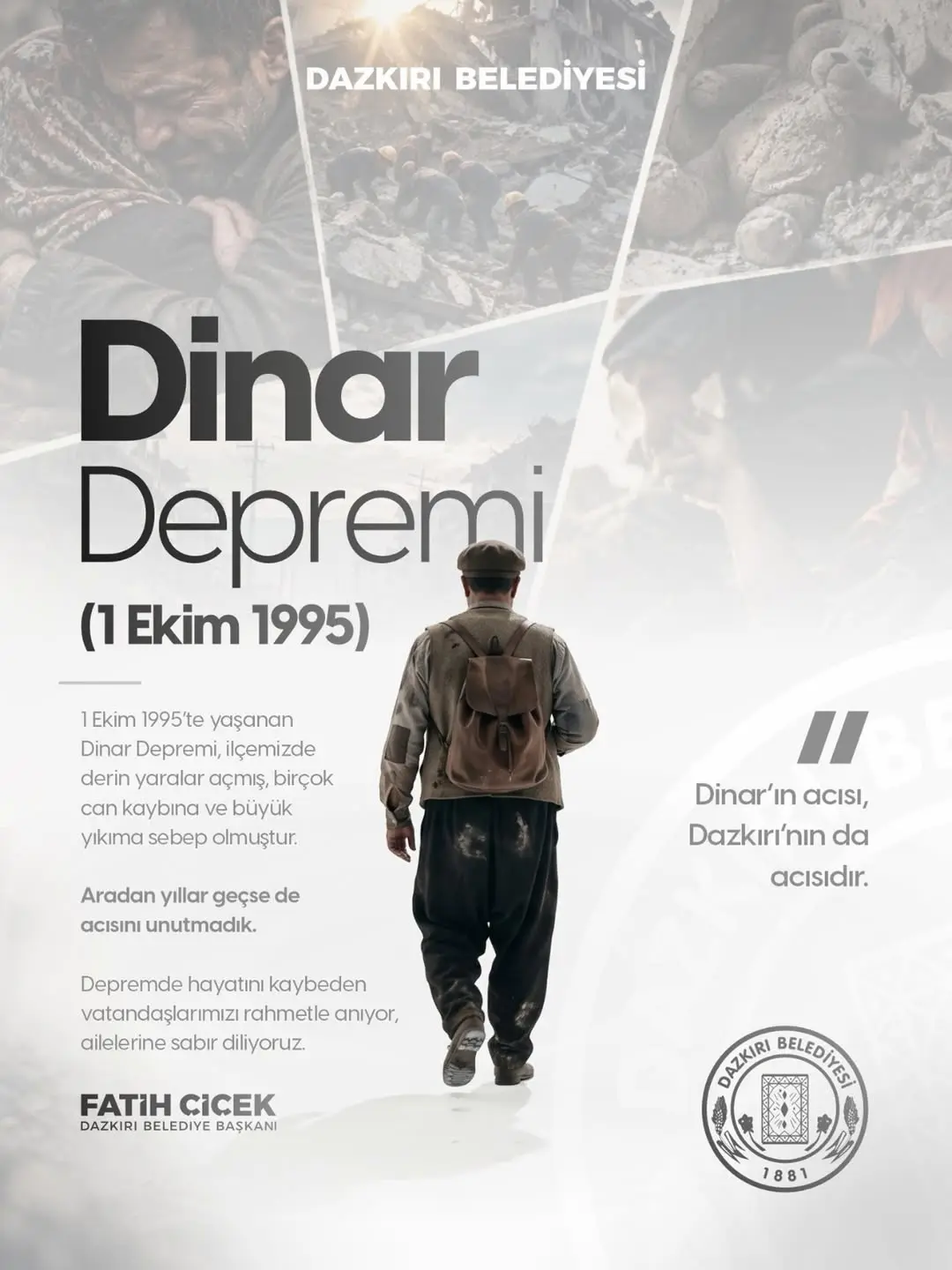 Dinar'da 1 Ekim 1995 Depreminin Yıldönümünde Anma Mesajı