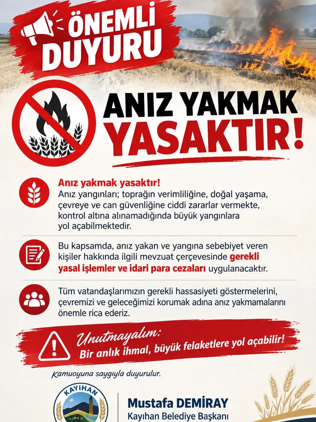 Anız Yakmak Yasaktır! Kayıhan Belediye Başkanı'ndan Önemli Duyuru