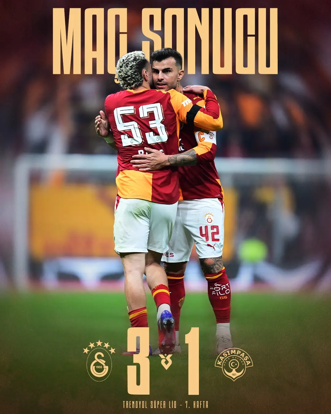 Galatasaray 3-1 Kasımpaşa Maçında 3 Puanı 3 Golle Alıyor!