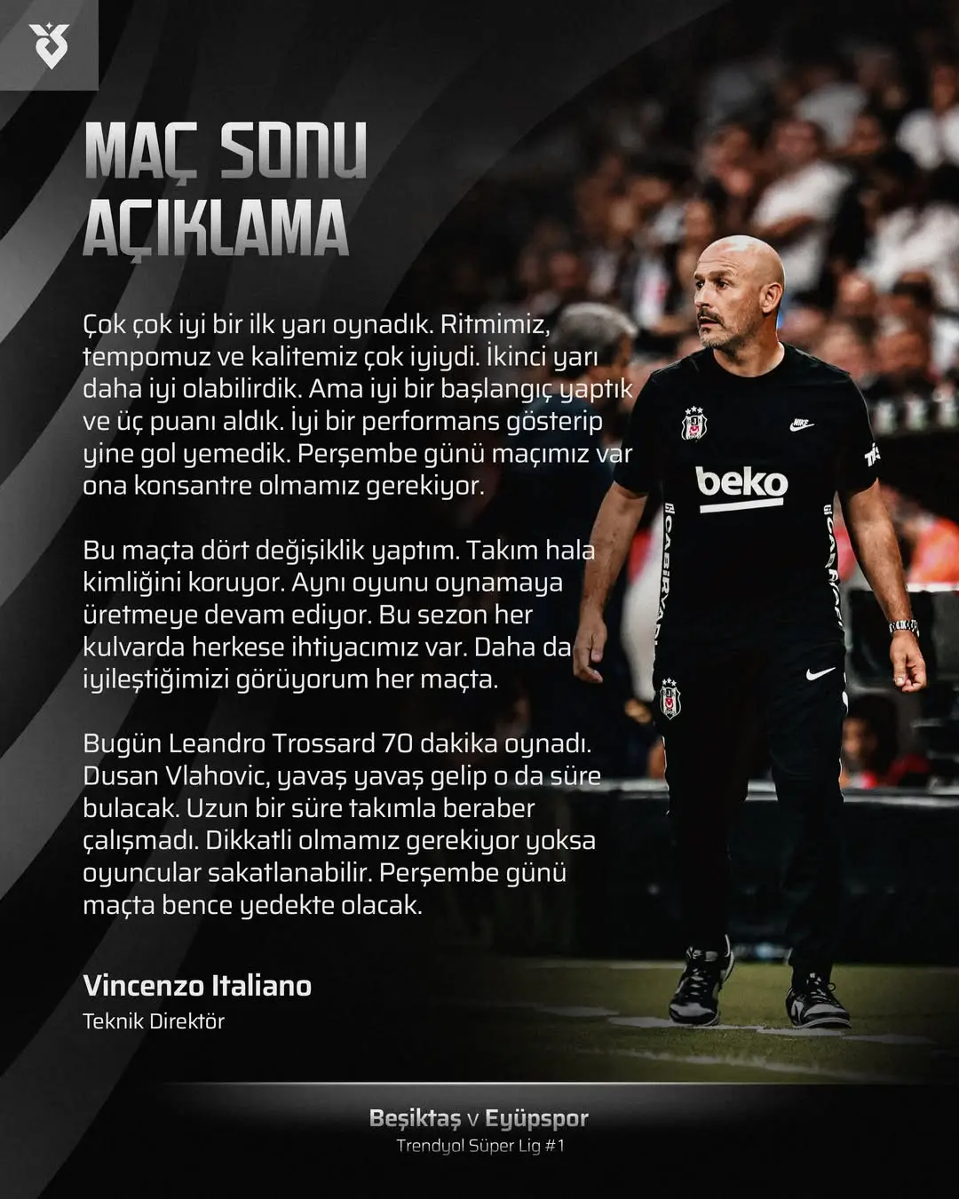 Beşiktaş'ın Teknik Direktörü Vincenzo Italiano'dan Maç Sonu Açıklaması