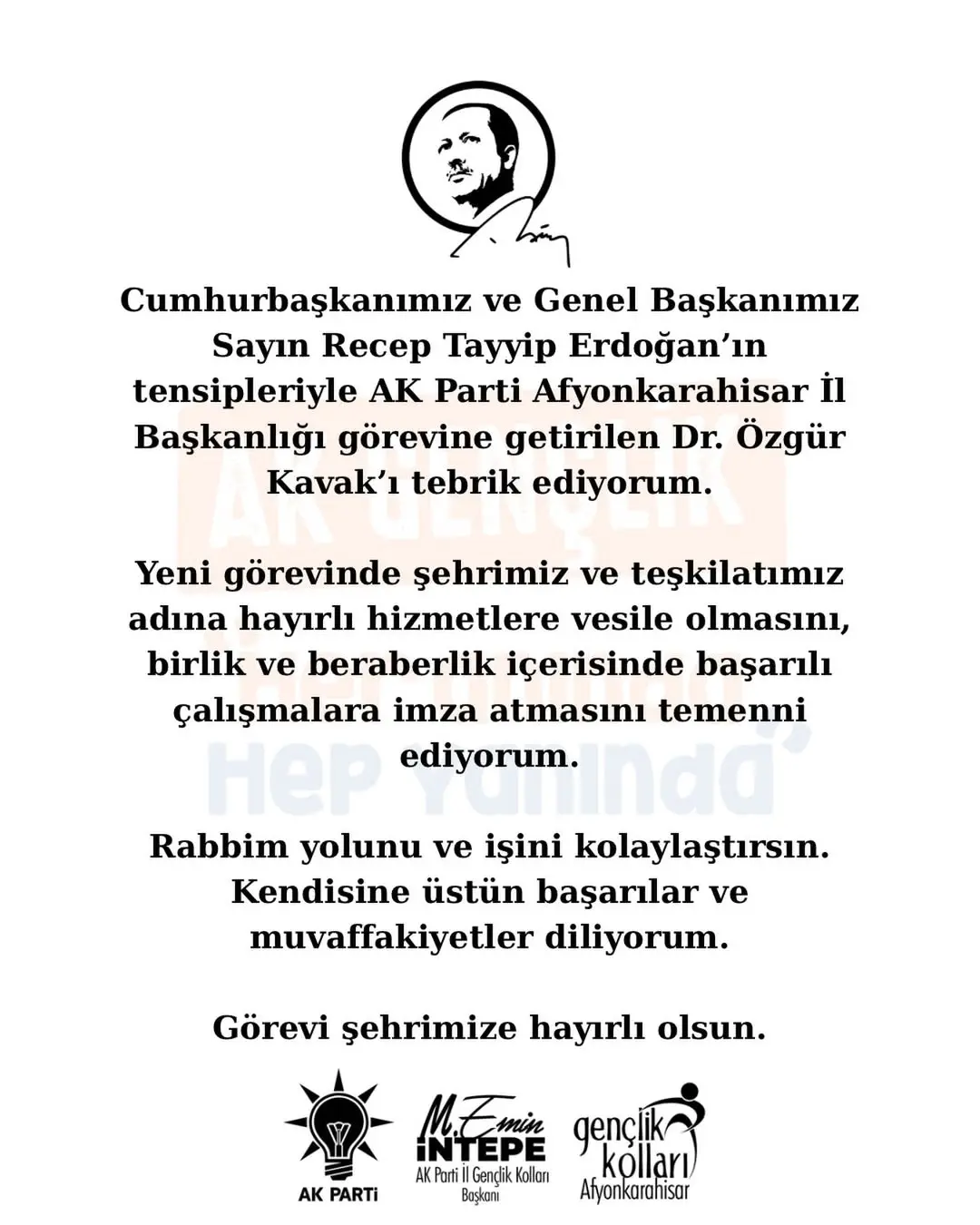 Dr. Özgür Kavak, AK Parti Afyonkarahisar İl Başkanlığı Görevine Getirildi