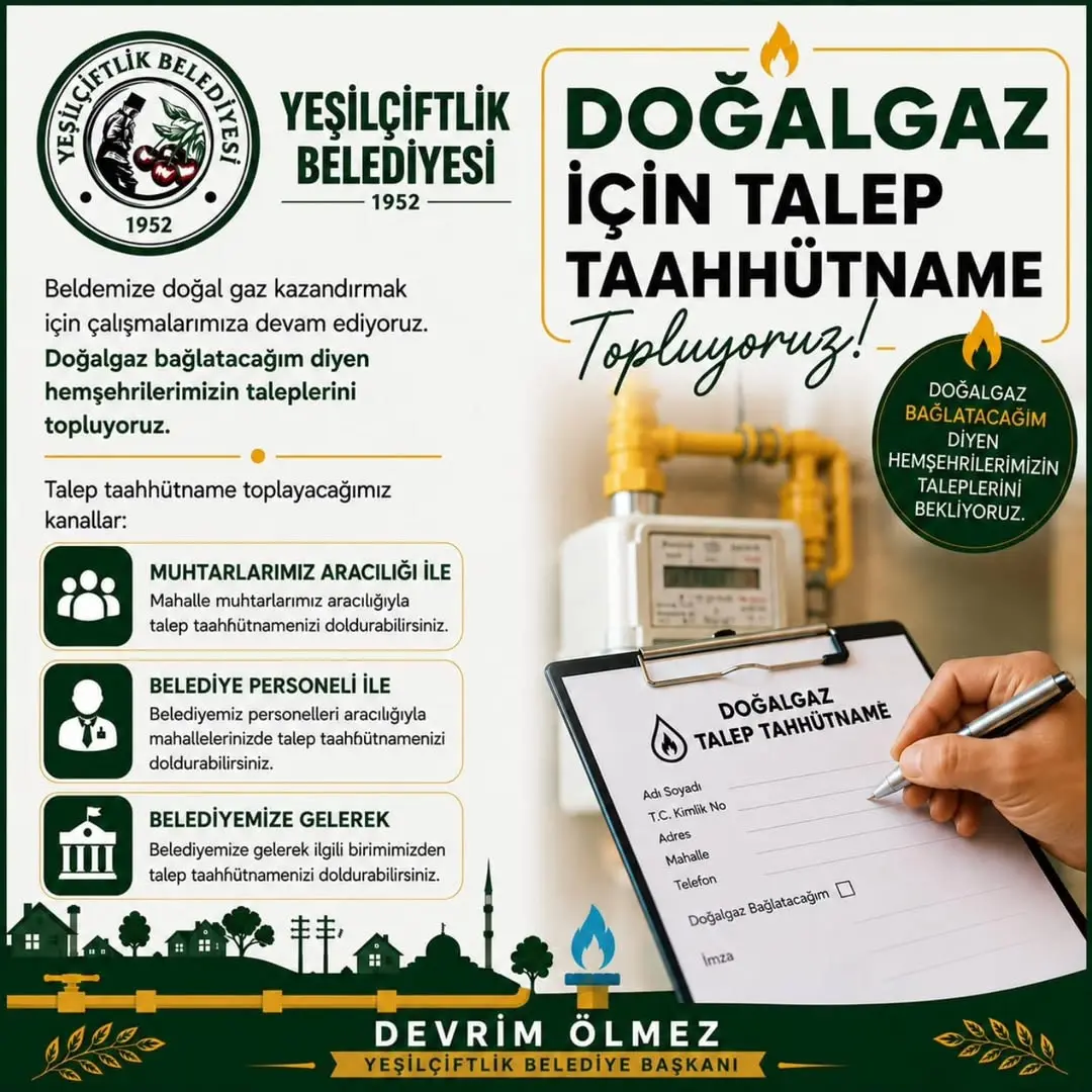 YeşilÇiftlik Belediyesi Doğalgaz Aboneliği İçin Taahhütname Alıyor