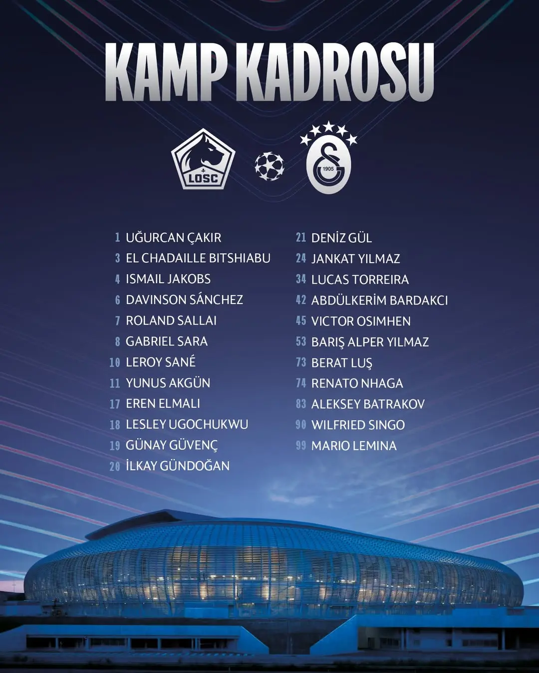 Galatasaray'ın Lille Maçı Kamp Kadrosu Belli Oldu