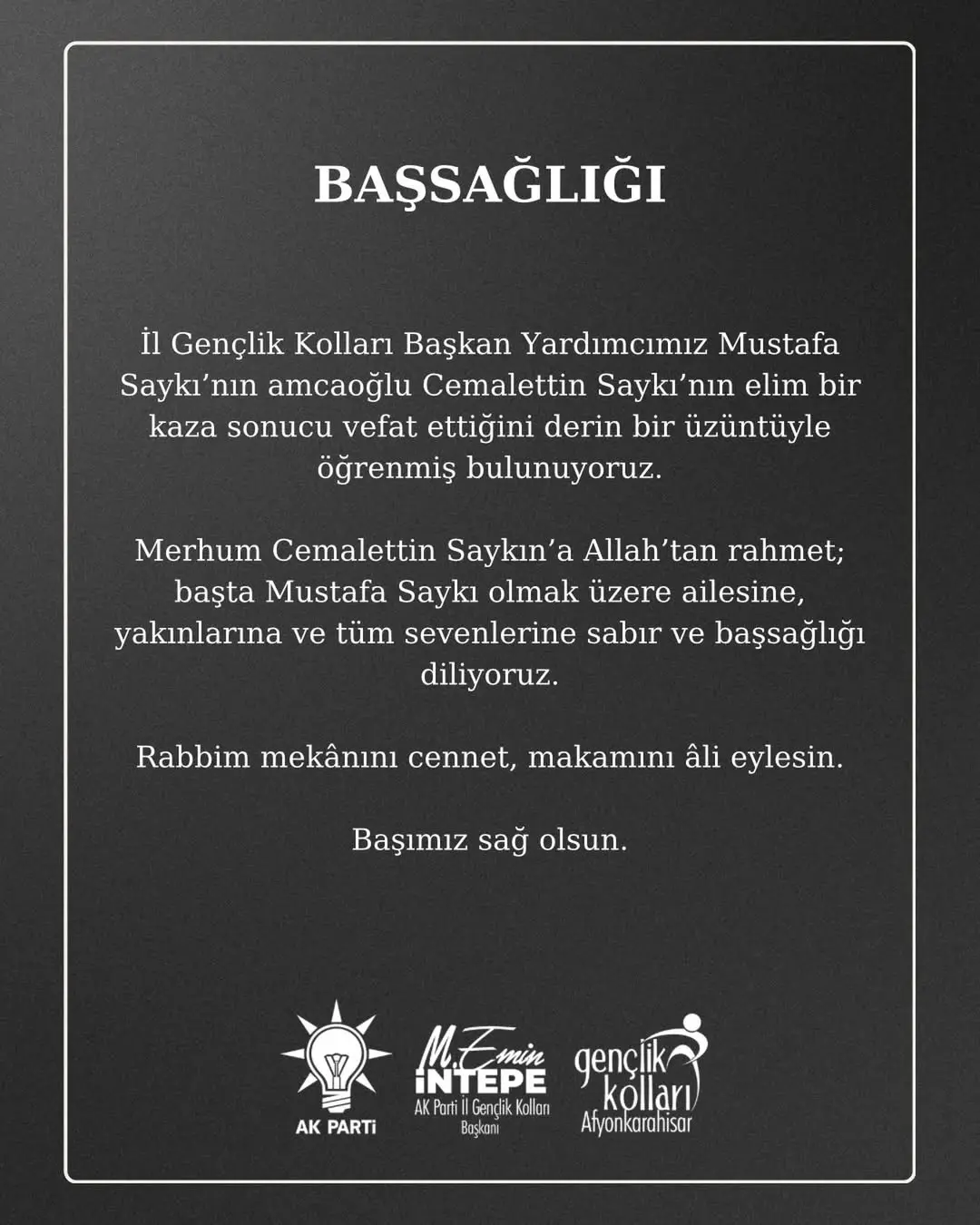 Afyonkarahisar İl Gençlik Kolları Başkan Yardımcısının Amcaoğlu Trafik Kazasında Hayatını Kaybetti
