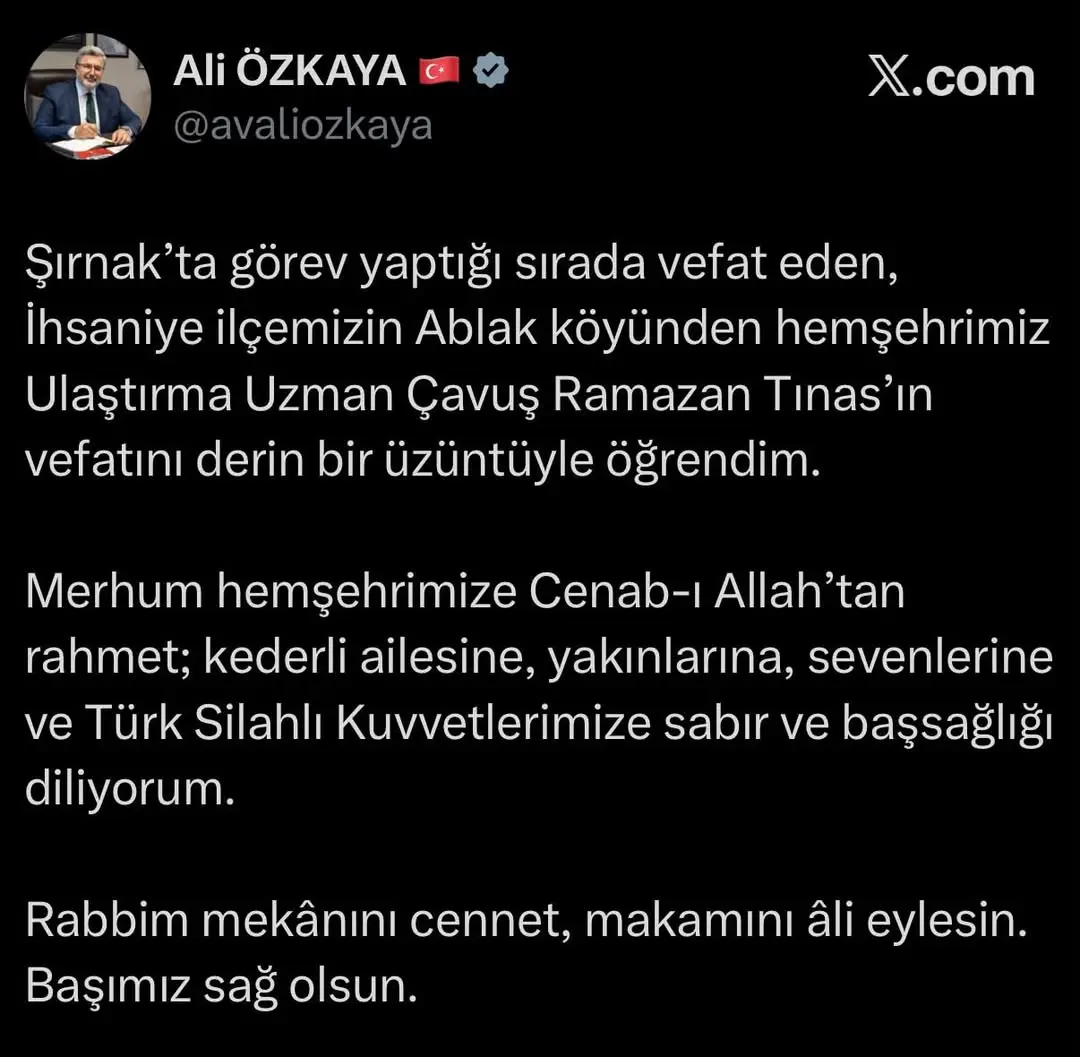 Şırnak’ta görev yaptığı sırada vefat eden, İhsaniye ilçemizin Ablak köyünden hemşehrimiz Ulaştırma Uzman...