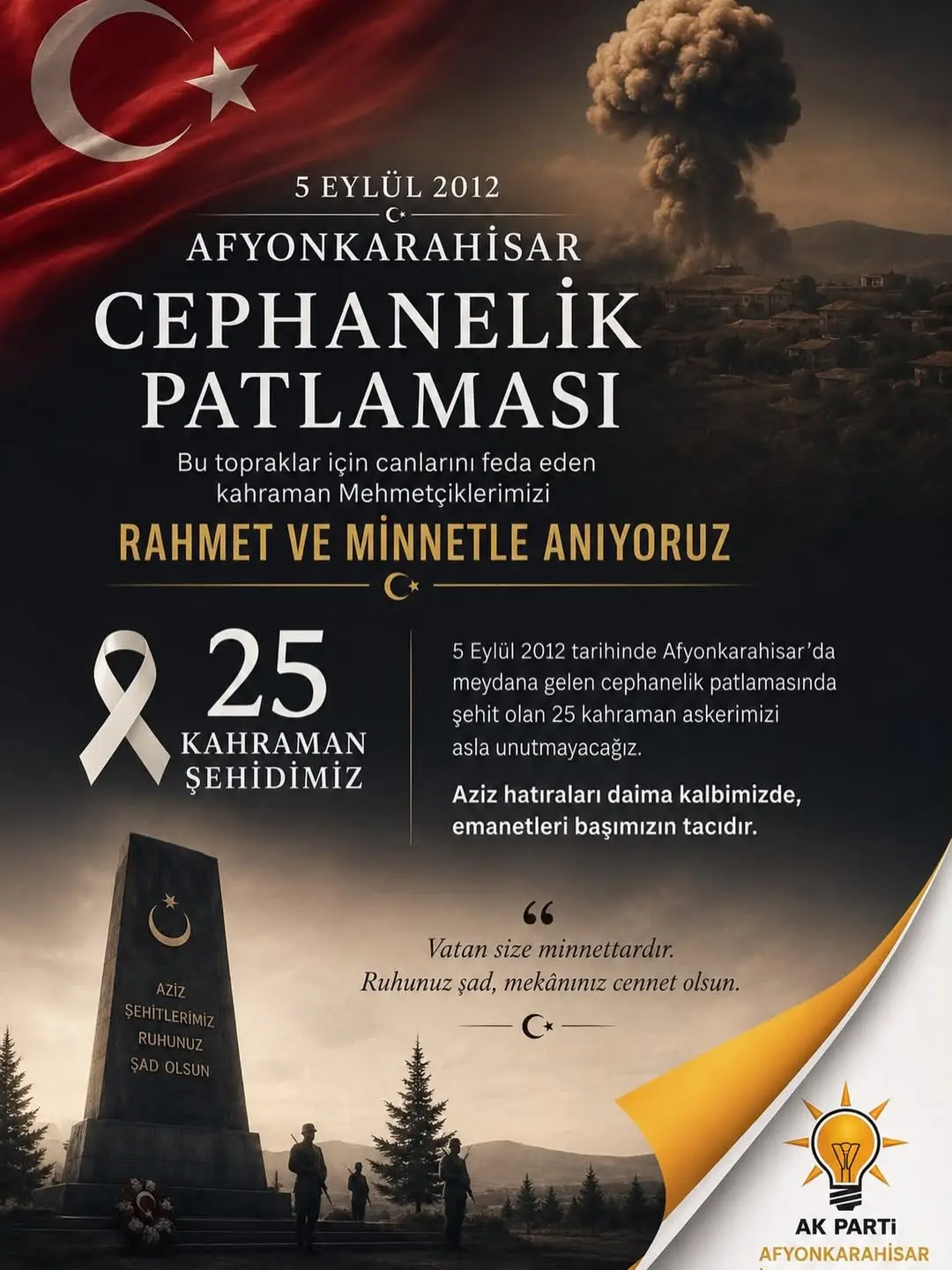 Afyonkarahisar'da 5 Eylül 2012'de Meydana Gelen Cephanelik Patlamasında Şehit Olan 25 Mehmetçiğimizi Anıyoruz