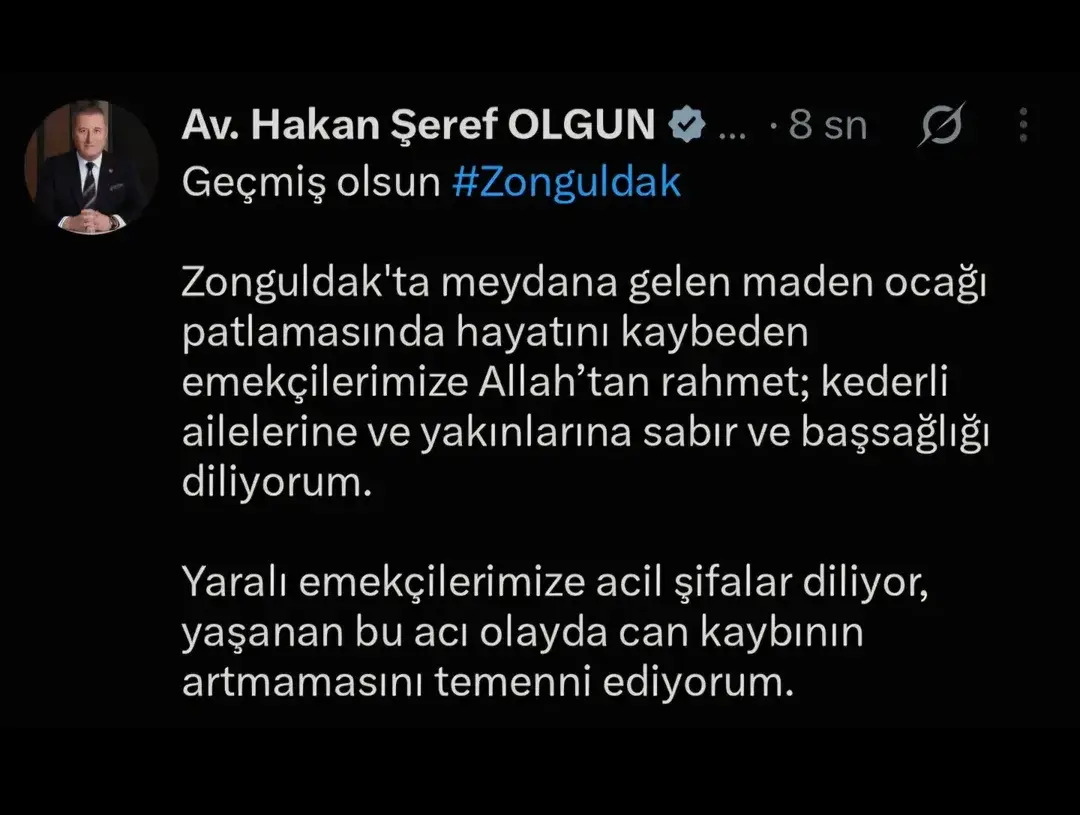 Zonguldak'ta Maden Ocağı Patlamasında Kayıplarımıza Başsağlığı