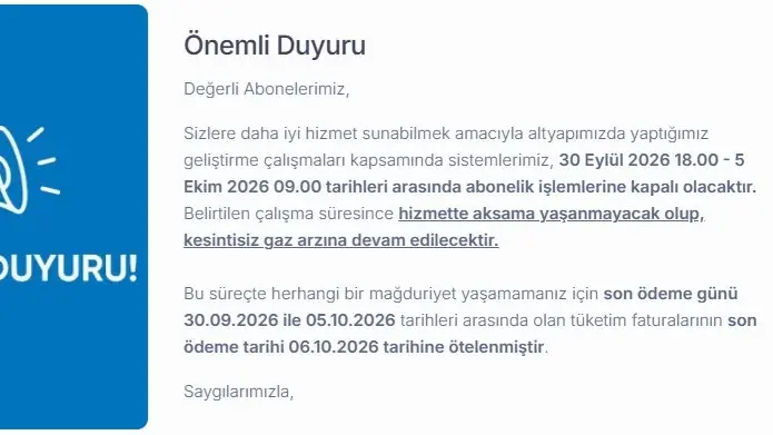 Aksa Doğalgazdan Önemli Duyuru: Abonelik İşlemleri Geçici Olarak Kapatılacak