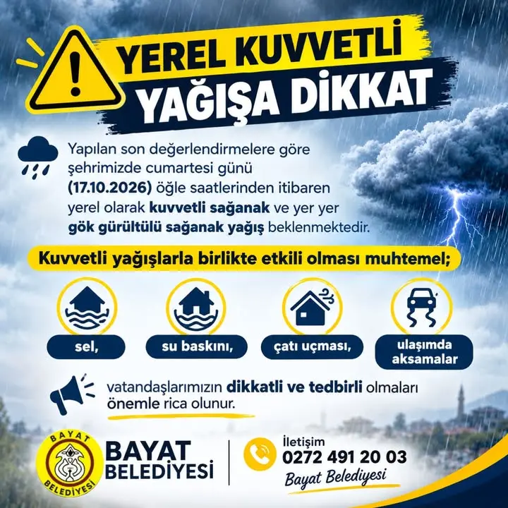 Bayat'ta kuvvetli yağış uyarısı yapıldı