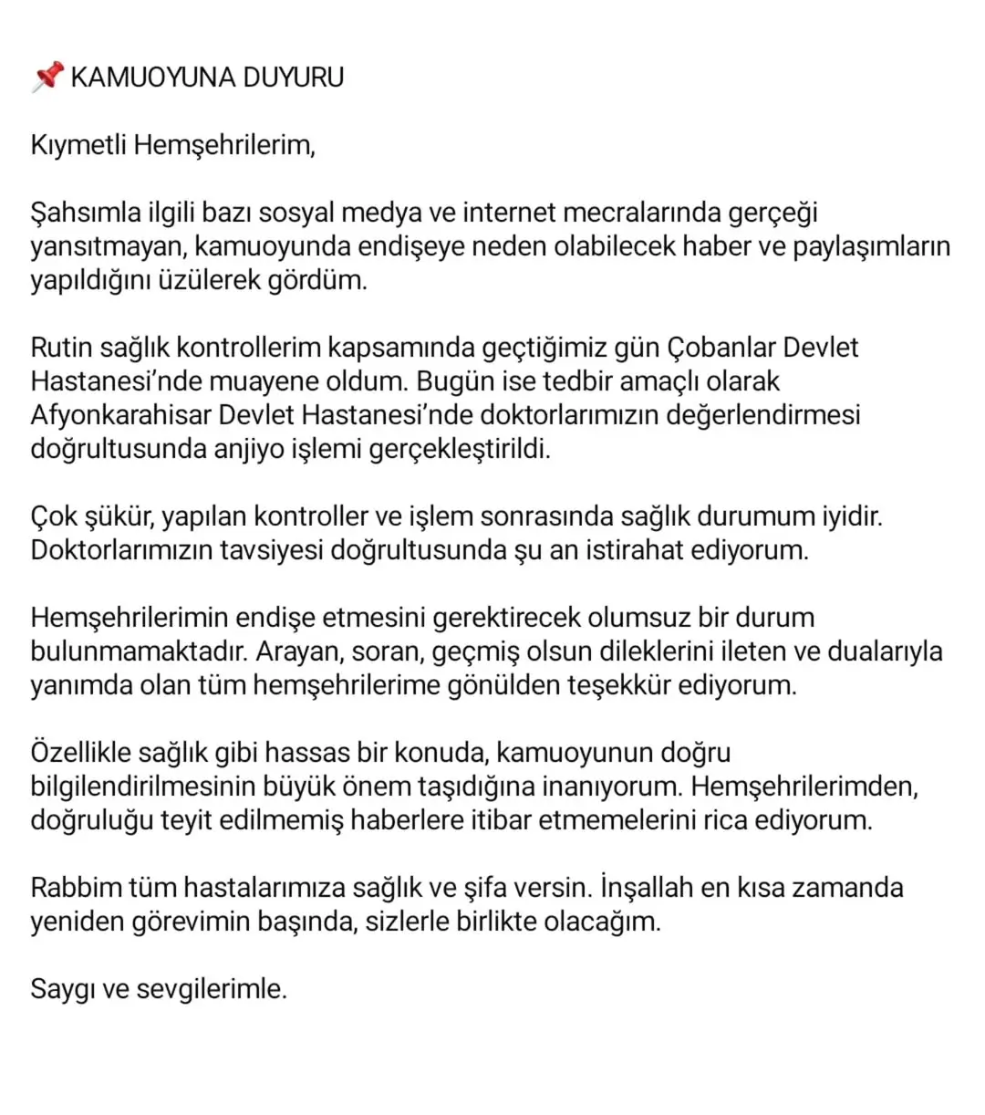 Çobanlar Belediye Başkanı Ali Altuntaş'ın Sağlık Durumu Hakkında Açıklama